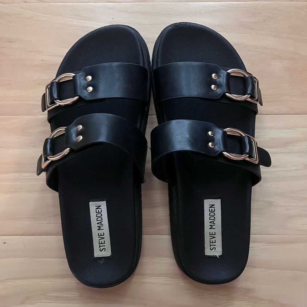 Steve Madden Black Buckle Slide Sandals